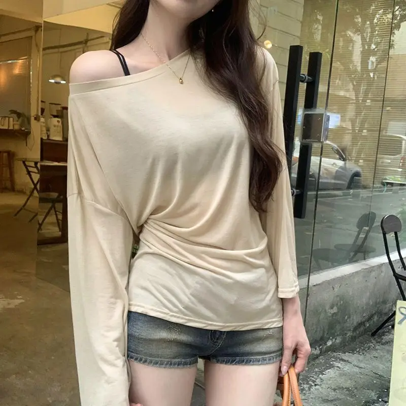 Sexy fino ver através de manga longa oversize t camisa feminina bandagem fora do ombro topo feminino básico longo t coreano chique senhora novo