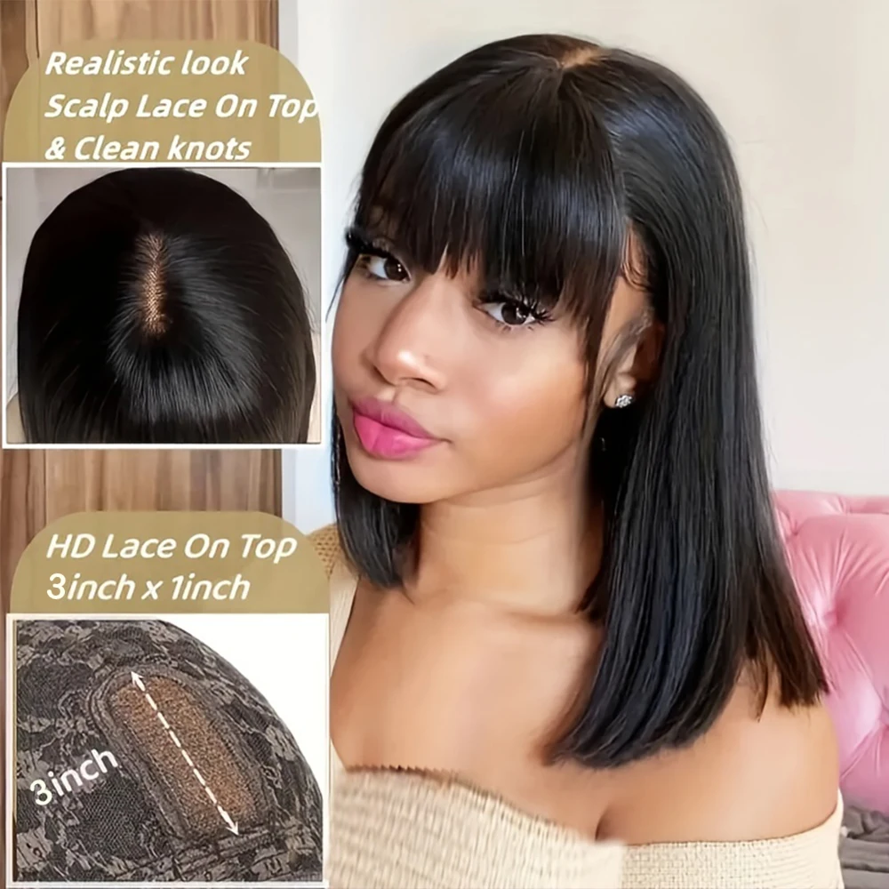 Peruca de Bone Straight Short Bob com franja para mulheres negras, 100% cabelo humano, perucas da parte média, escolha, renda 3x1