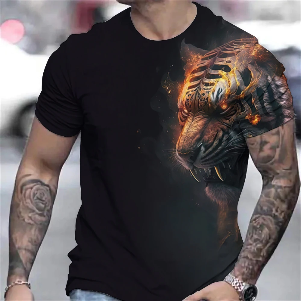 メンズタイガープリントTシャツ,3DアニマルプリントTシャツ,半袖セーター,特大Tシャツ,カジュアルTシャツ,紳士服,夏