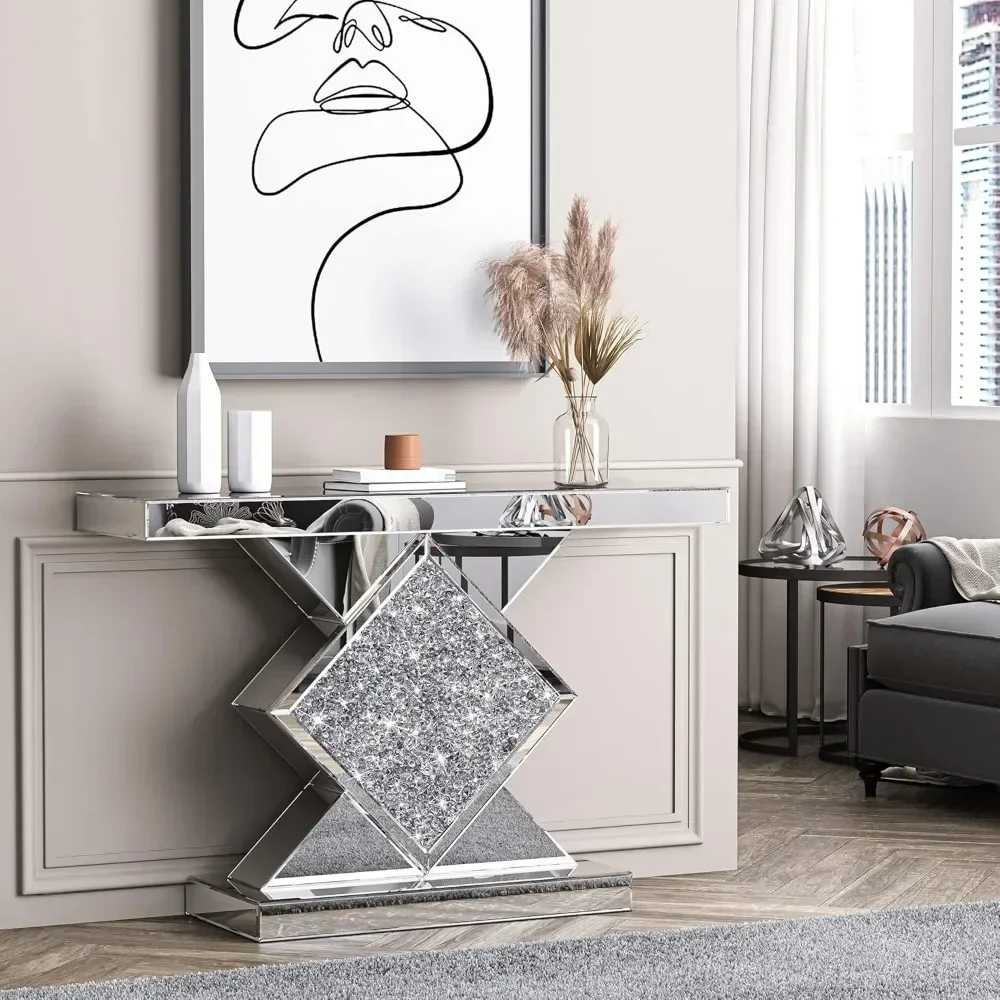 Entryway Table with Diamond Shaped Mirror Finished, Long Accent Narrow Table,Sofa Table Foyer Table for Hallway Entrance