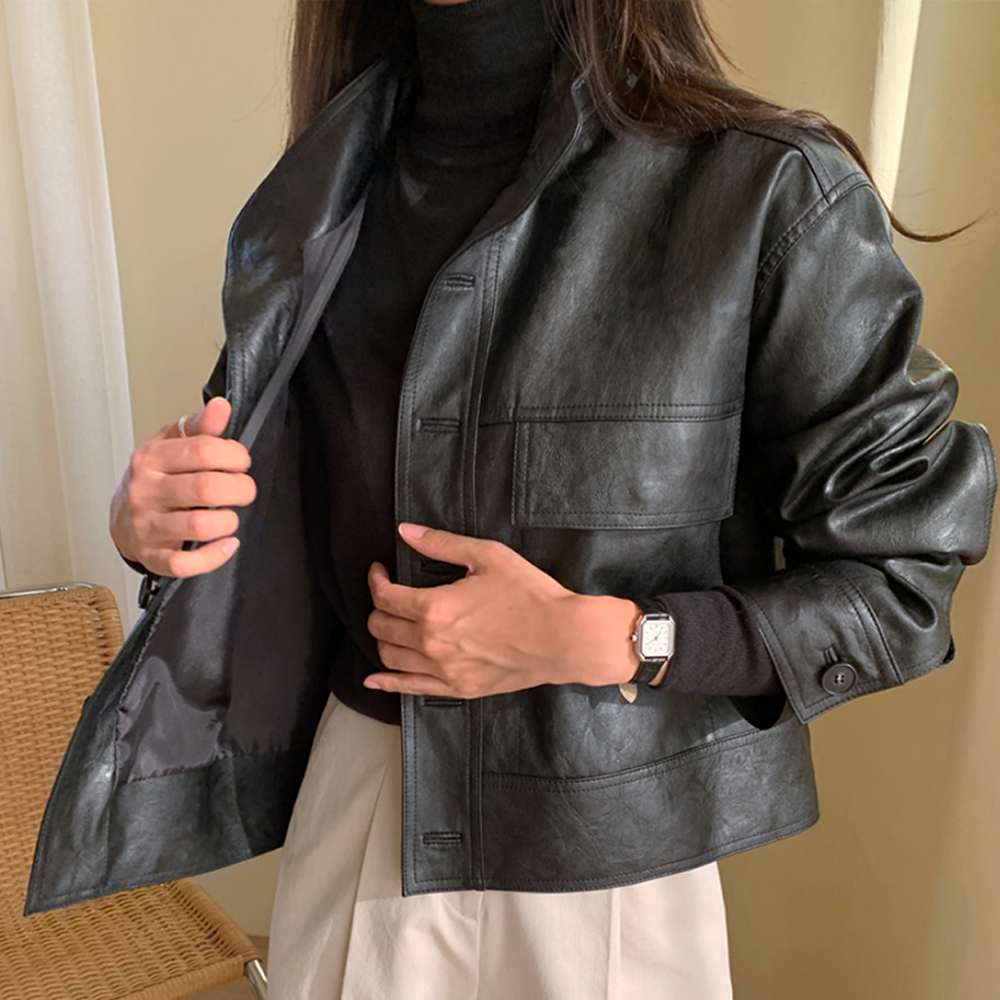 Koreanische Einfache Einreiher Leder Jacke Frauen Mode Stehen Kragen Lose Beiläufige Faux Leder Lokomotive Mantel PU Oberbekleidung