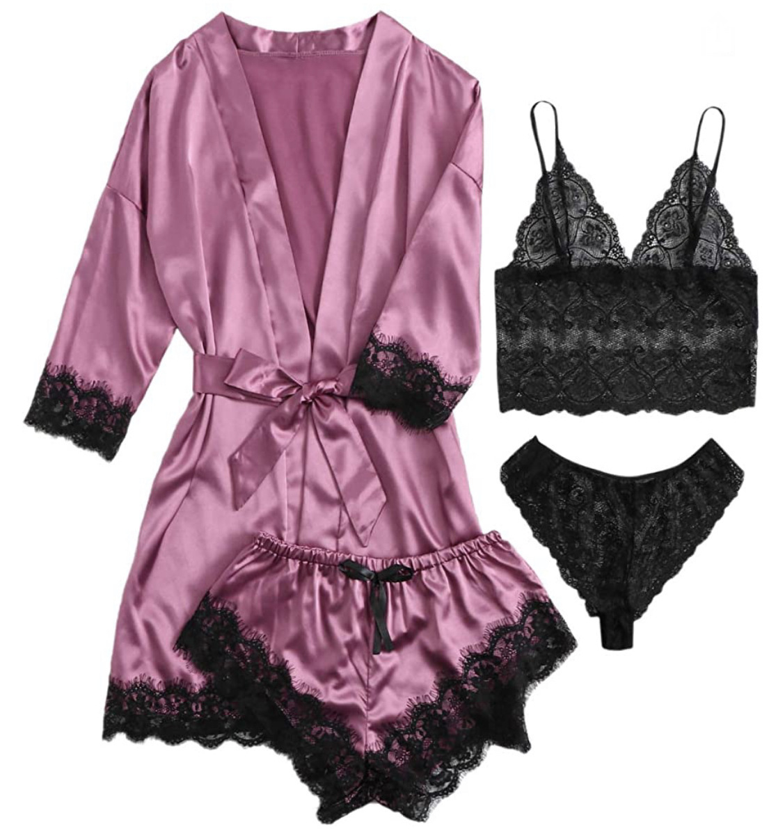 Novos conjuntos de pijama feminino para dormir, conjunto europeu americano de 4 peças com suspensório de cetim de renda, conjunto de verão para dormir