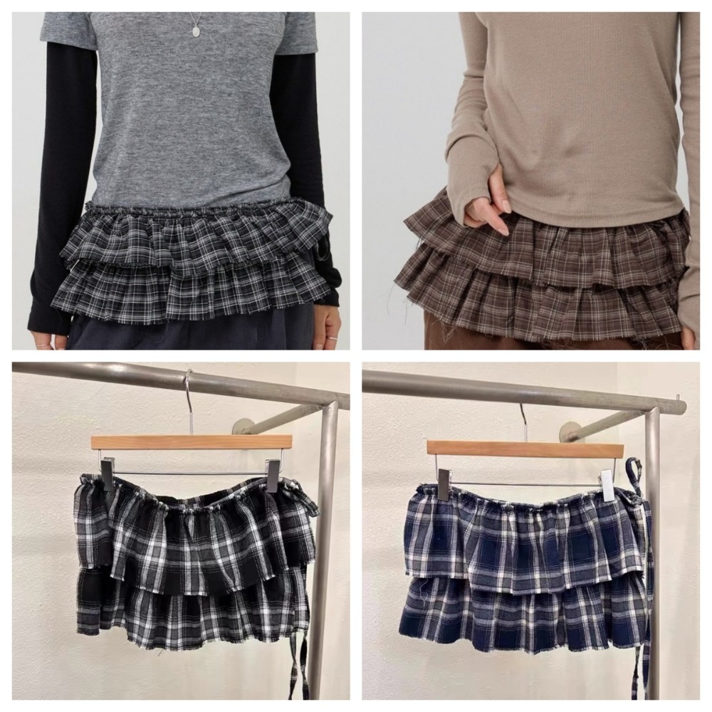 Tenue de couche Hip-hop, jupe à carreaux, douce Y2K, écharpe de hanche à lacets, extension de chemise, Style coréen, bord à volants, ceinture, décor en jean