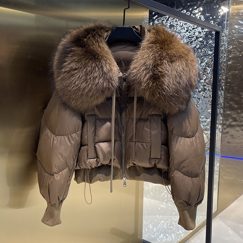 MENINA BONITA 2025 Winter Warme Luxus Natürliche Waschbären Pelz Kragen Lose Frauen Lange Ärmeln Brot Koreanische Abnehmbare Unten Jacke