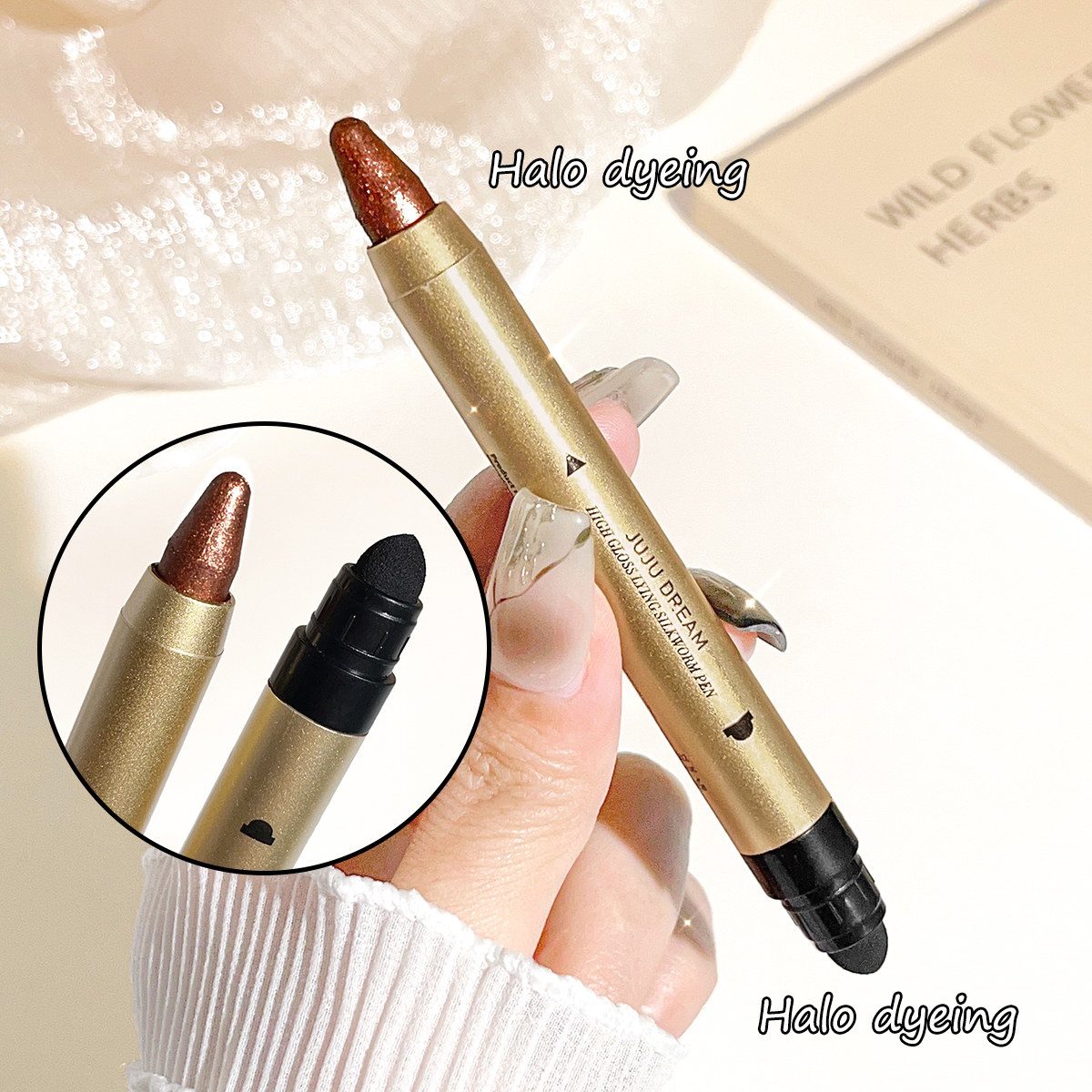 Glowing highlighter eye shadow pencil with pearlescent shimmer and fine glitter for brightening and a dimensional effect