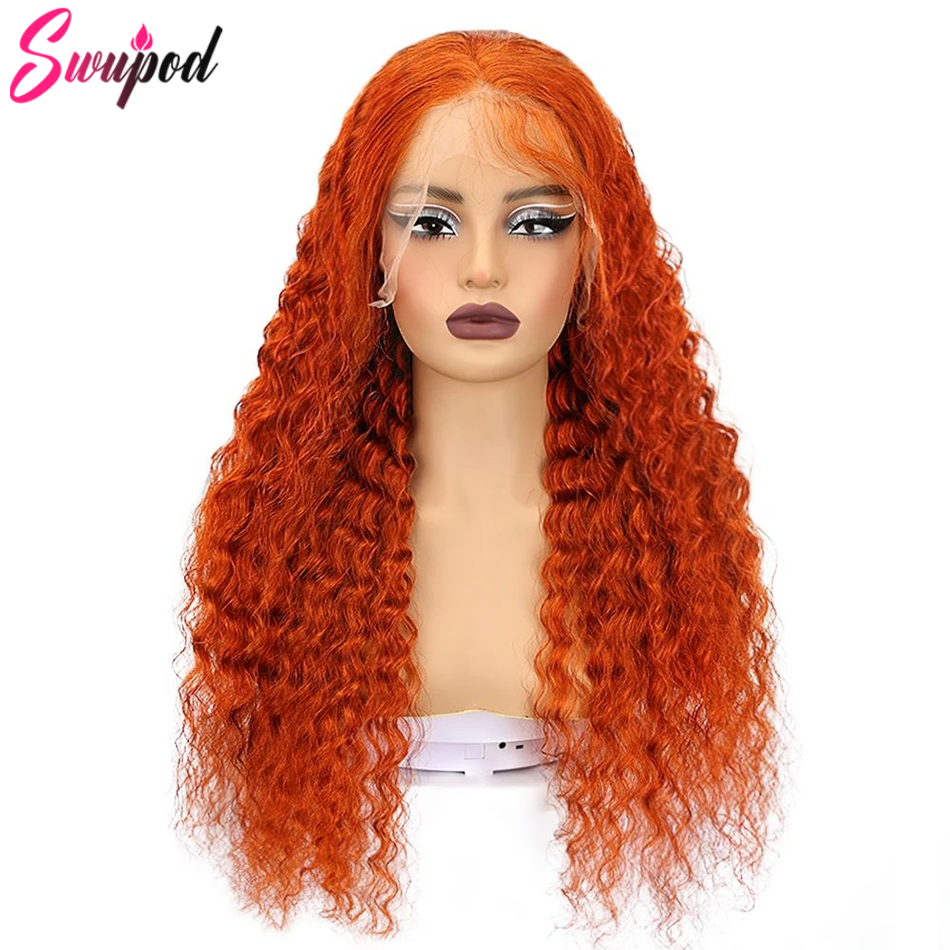 Swupod-Transparente HD Lace Front Wig para Mulheres, Onda Profunda, Remy Cabelo Humano, Ginger Cor Laranja, Glueless, 13x4, 13x6, 200 Densidade