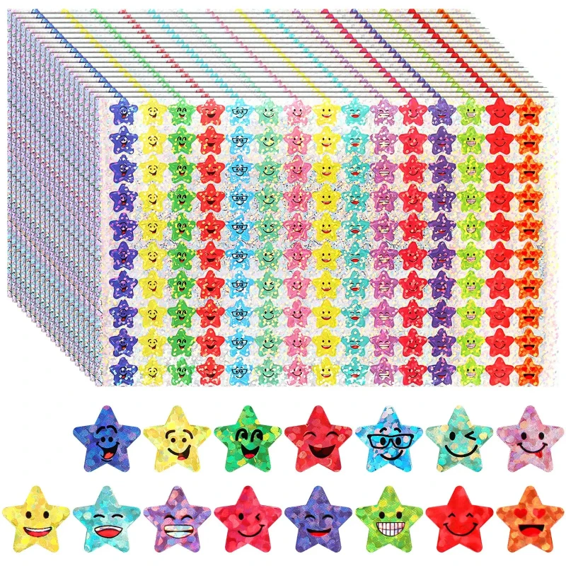 1500 adesivi con piccole stelle in lamina glitterata, 15 disegni di adesivi con faccia felice per la ricompensa degli studenti