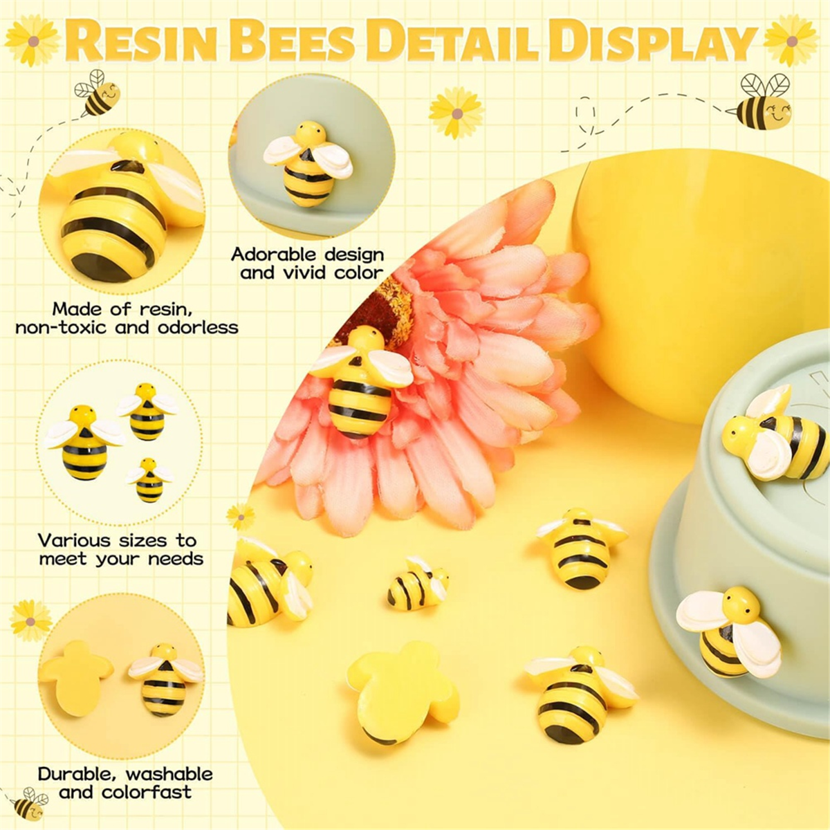 BABQ 120PCS Bumble-Bee Decor, Resin Honey Bees for Crafts, Small Plastic Bees Ornaments for Decorations