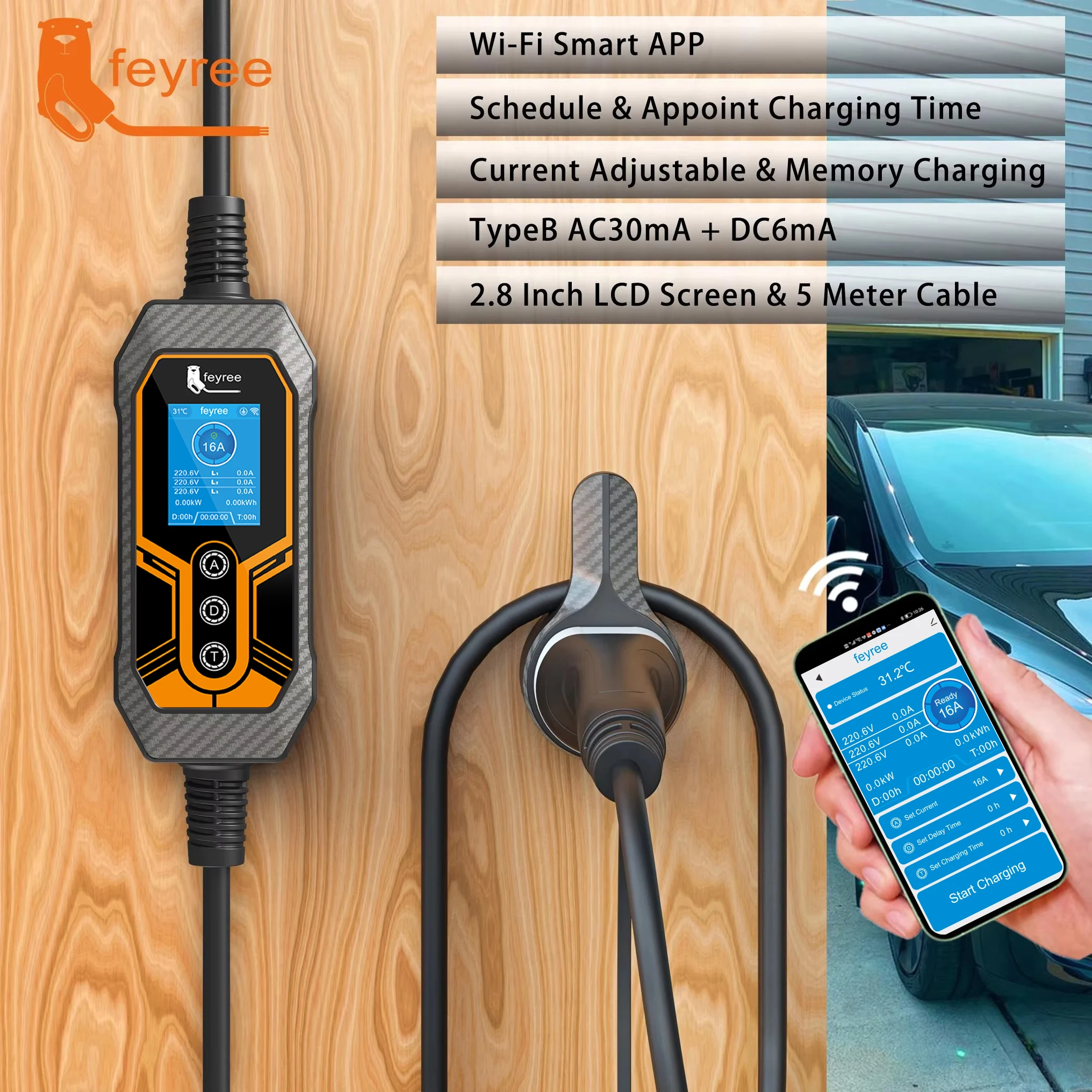 Feyree Tipo 2 Carregador EV Portátil 11KW 16A 3 Fase Wi-Fi APP Versão Bluetooth Cabo de Carregamento EVSE 5m Plugue CEE para Carro Elétrico