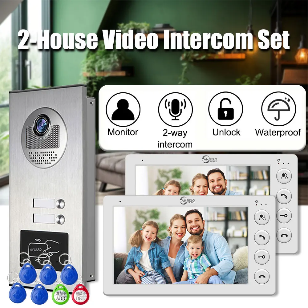 7 inch 4-bekabelde video-intercom voor 2-eenheden Multi-appartement videodeurbel met RFID-kaart ontgrendeling