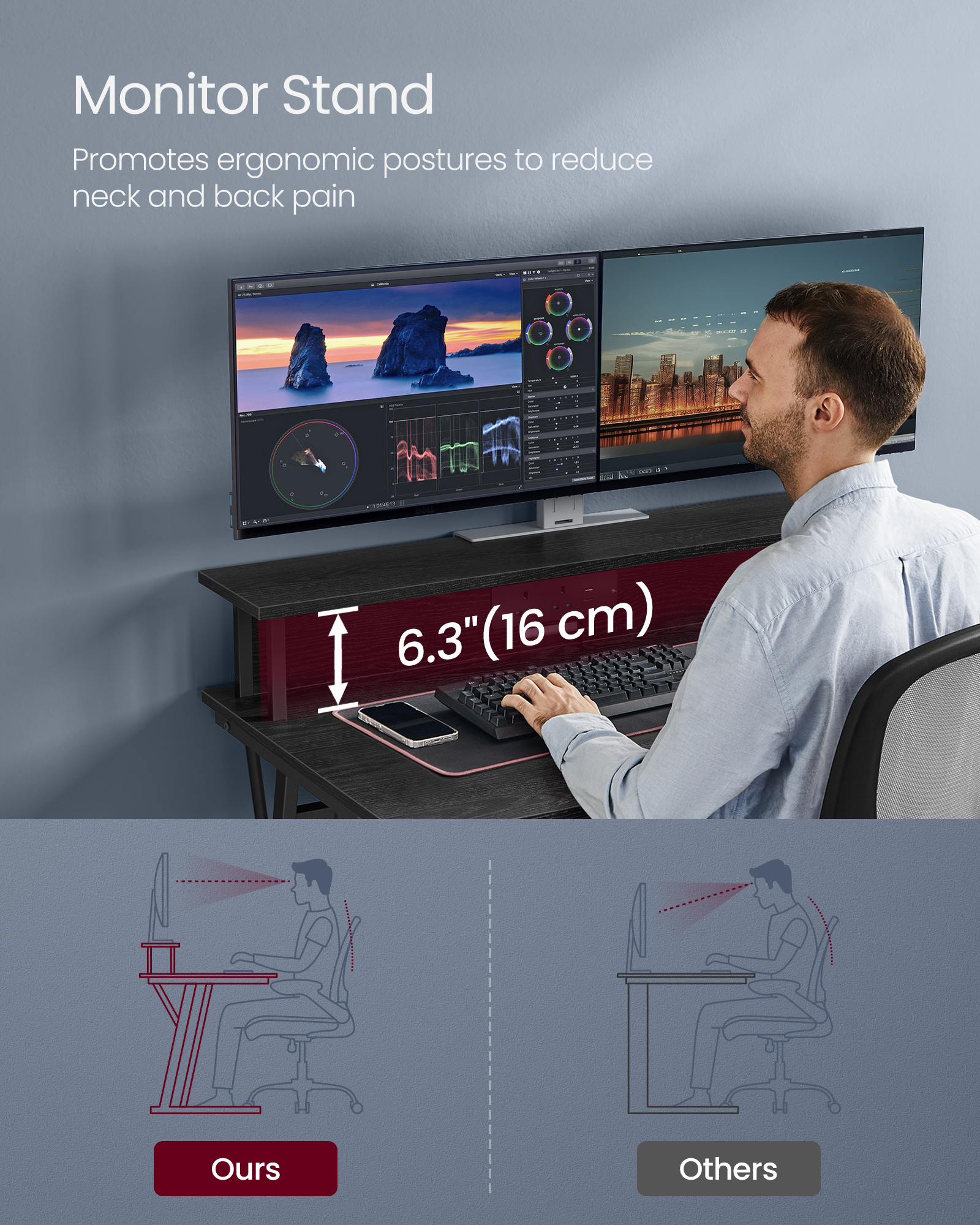 VASAGLE Gaming Desk with LED Lights and Built-In Power Outlets, Computer Desk with Monitor Shelf, Gaming Table