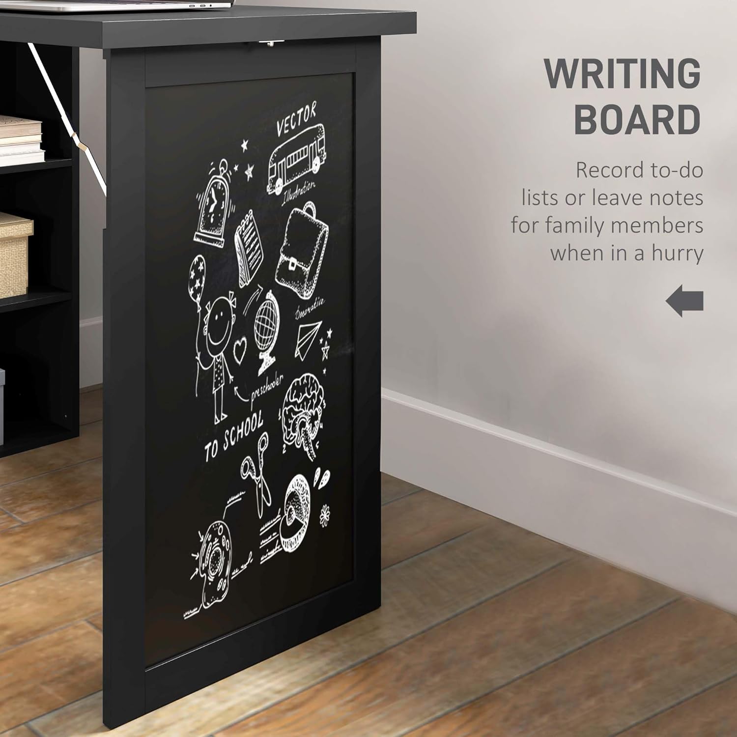 Fold-Out Convertible Writing Table,Wall Mount Desk Cabinet with Blackboard and Side Shelf Multi-Function Home Office Workstation