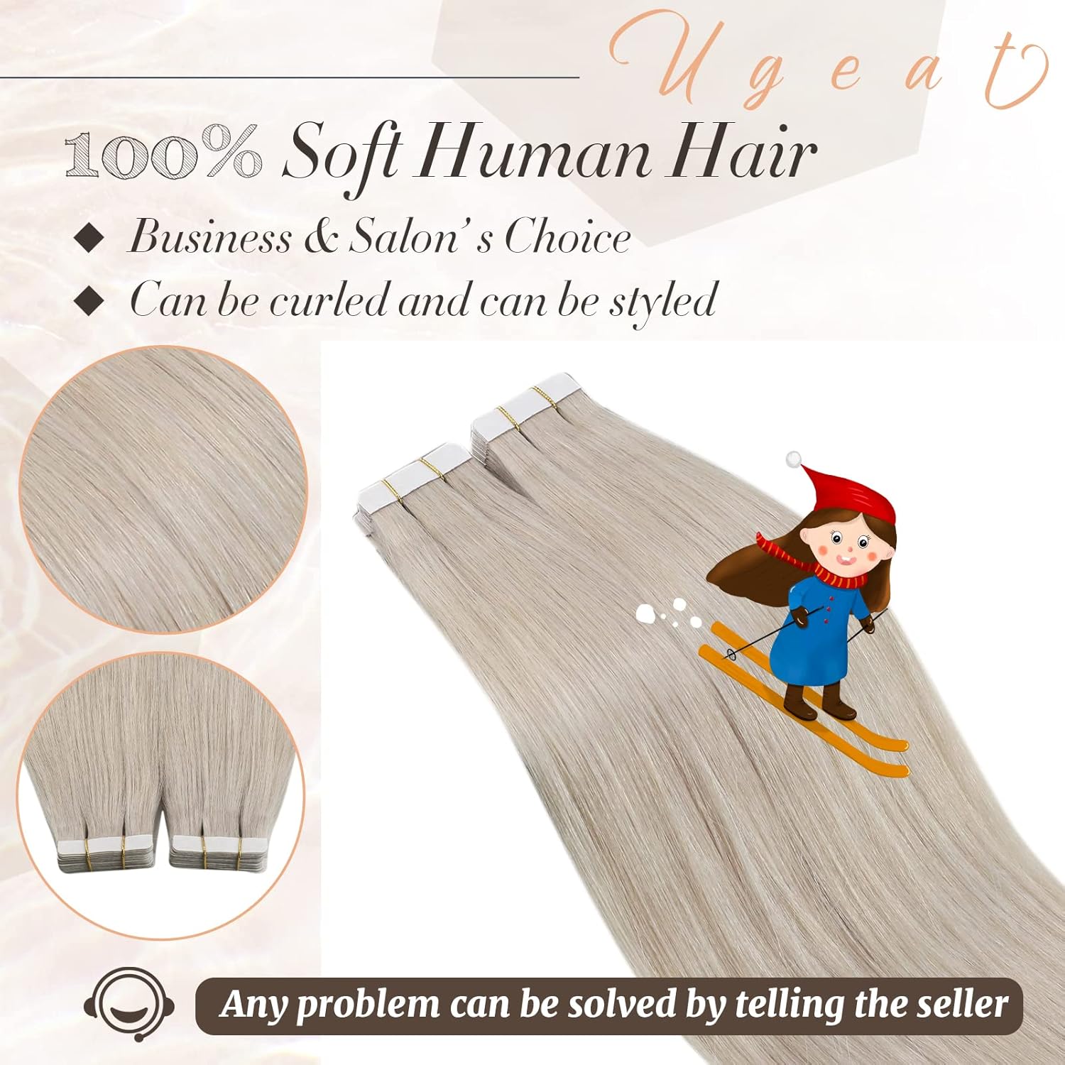 Ugeat Tape-in-Haarverlängerungen, Echthaar, blond, Remy Tape-in-Extensions für Frauen, Platinblond, unsichtbares Echthaar