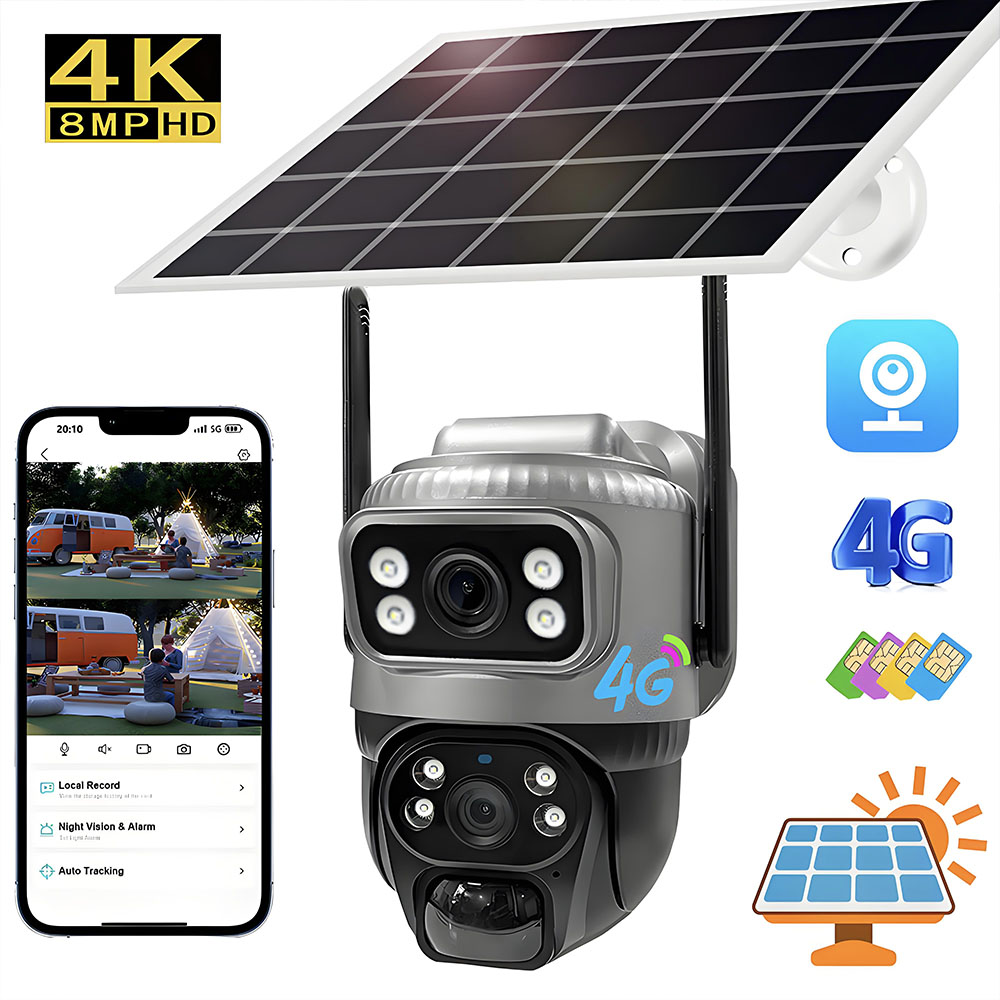 Cámara Solar exterior de doble lente 8MP 4G SIM IP 8000mAh baterías videovigilancia inalámbrica V380 protección de seguridad 360 CCTV