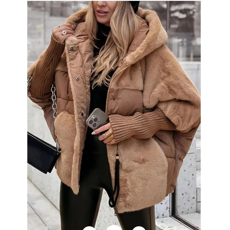 Herbst Winter Frauen Mit Kapuze Patchwork Warme Baumwolle Mantel 2025, Neue Frauen Baumwolle Gefütterte Jacke Übergroßen Oberbekleidung Frauen Parka Mantel