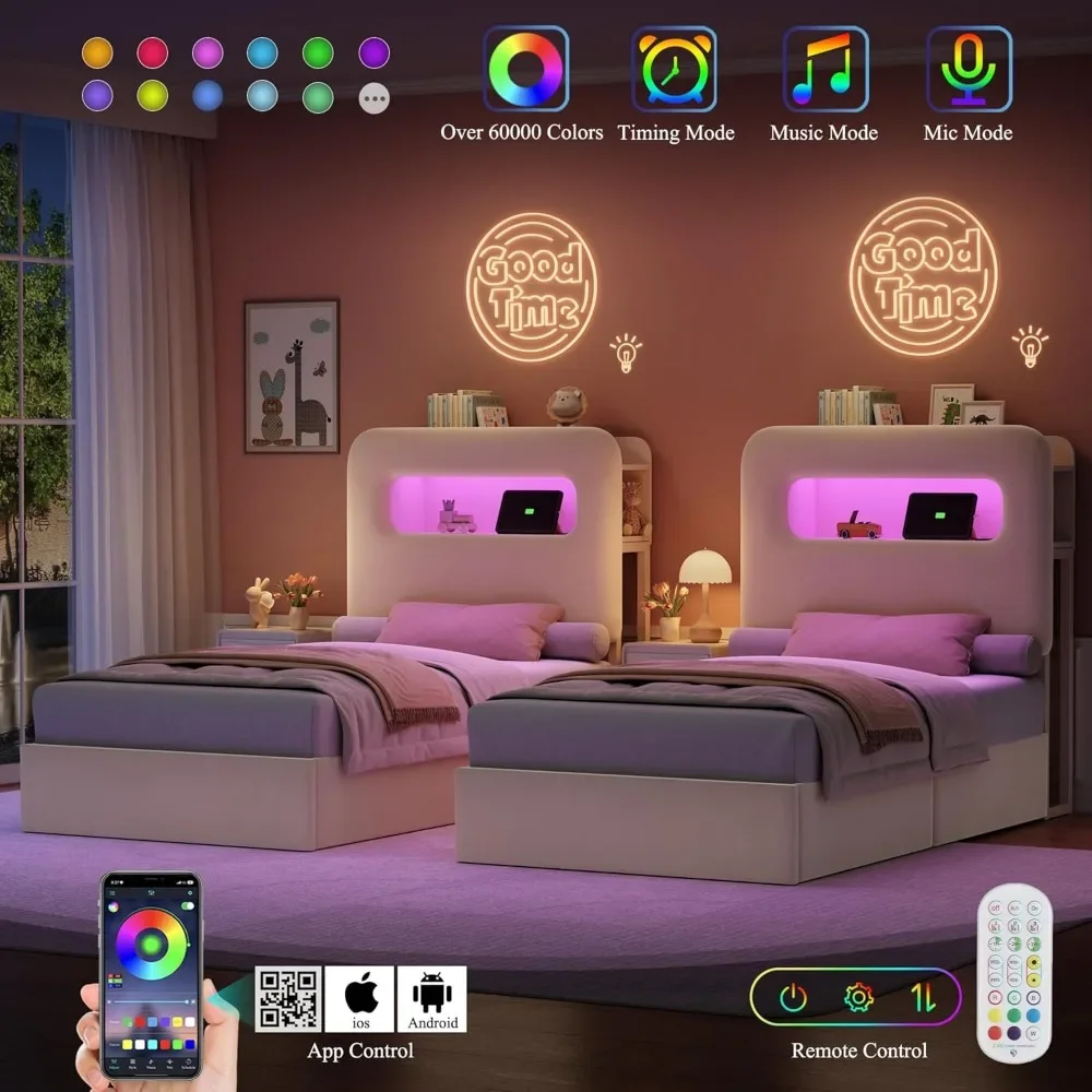 Twin LED Bed Frame with Storage Headboard and Charging Station, Kids Bed Frame, Upholstered Platform Bed Frame with Bookcase