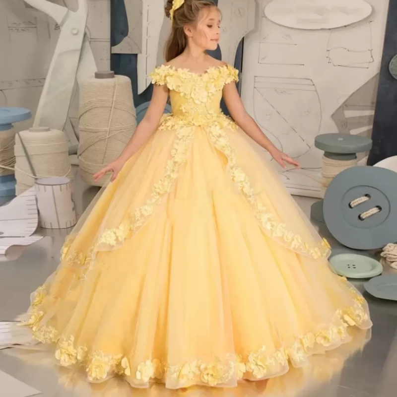 Wunderschönes Blumenmädchenkleid mit flauschigen Applikationen, Erstkommunion, Geburtstag, Hochzeit, Kinderfestzug, Abend, Kindergeschenke, individuell gestaltet