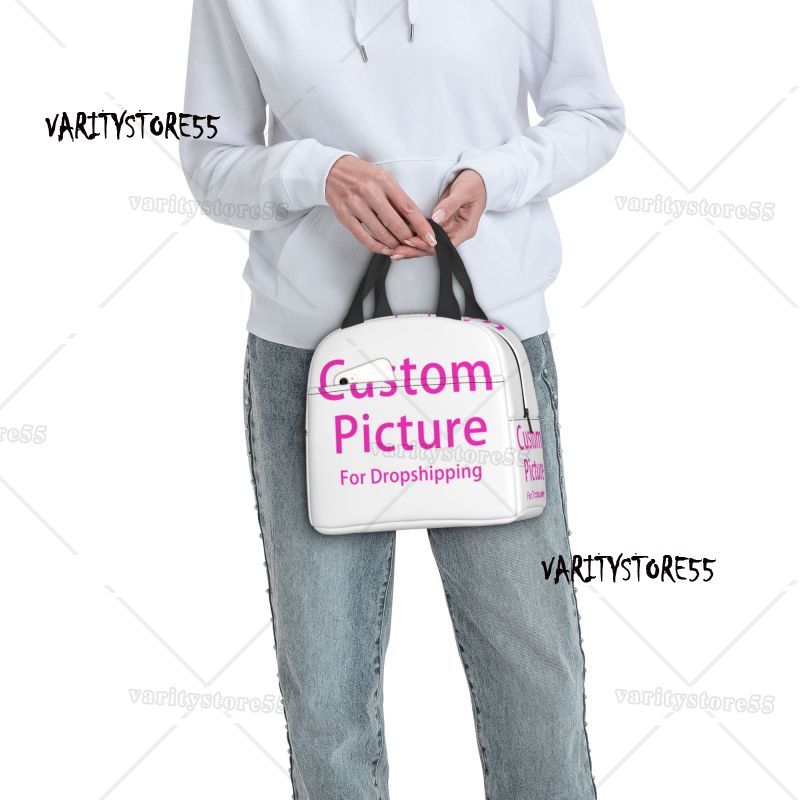 Fiambrera con logotipo de foto personalizada, resistente al agua, personalizada, con estampado artesanal, bolsa de almuerzo con aislamiento térmico para alimentos, bolsas de mano portátiles para Picnic