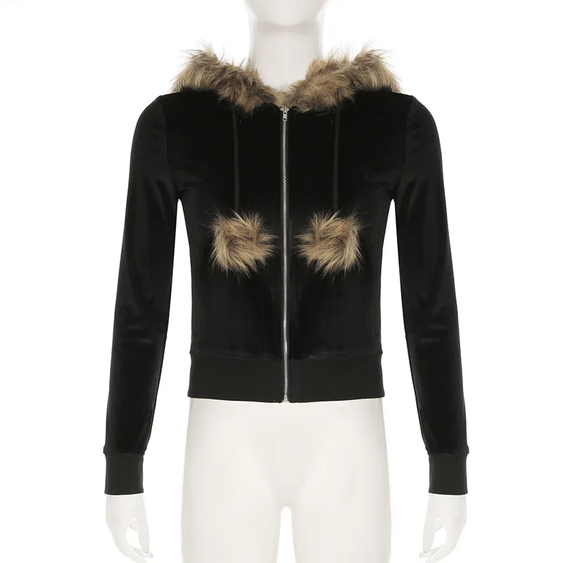 Goth escuro 90s estética macio veludo zip moletom com capuz cyber y2k gola falsa bolso casacos com capuz feminino fino streetwear gótico