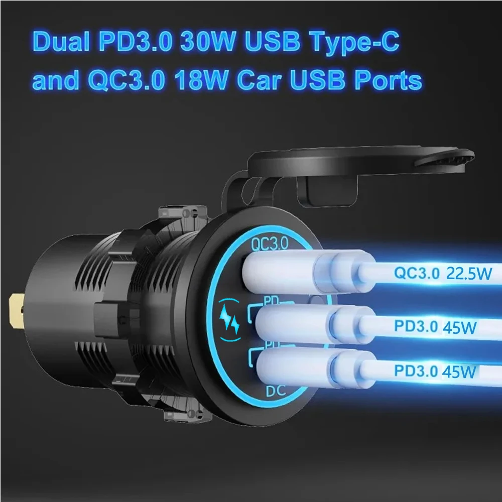 Enchufe de cargador de coche PD3.0 y QC3.0, puertos dobles USB C impermeables con Interruptor táctil LED, carga rápida de 78W, 12V/24V para adaptador de Moto