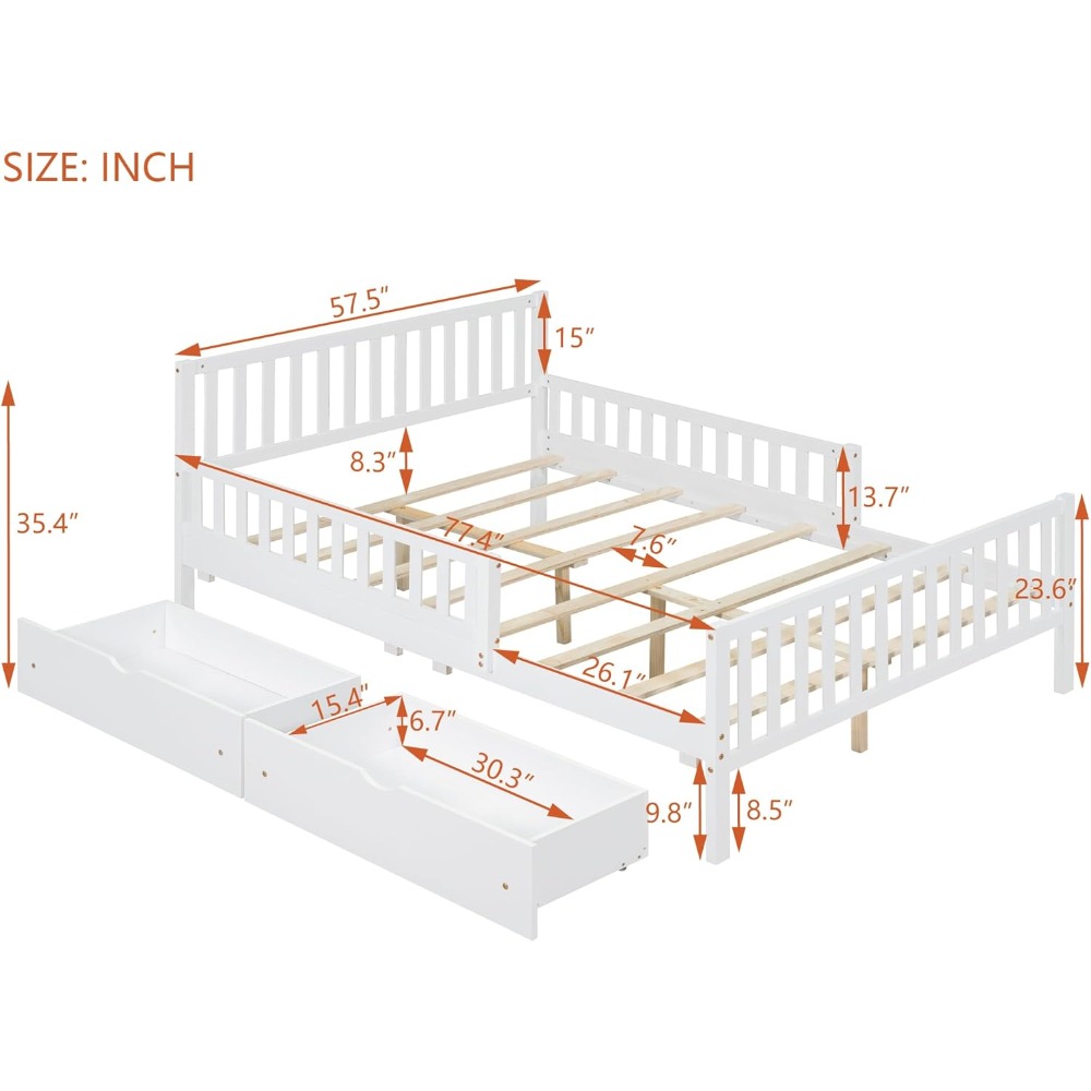 Merax Full Bed Frame with Storage Drawers and Safety Guardrails on Both Sides, Wood Platform Bed & Headboard and Footboard for K