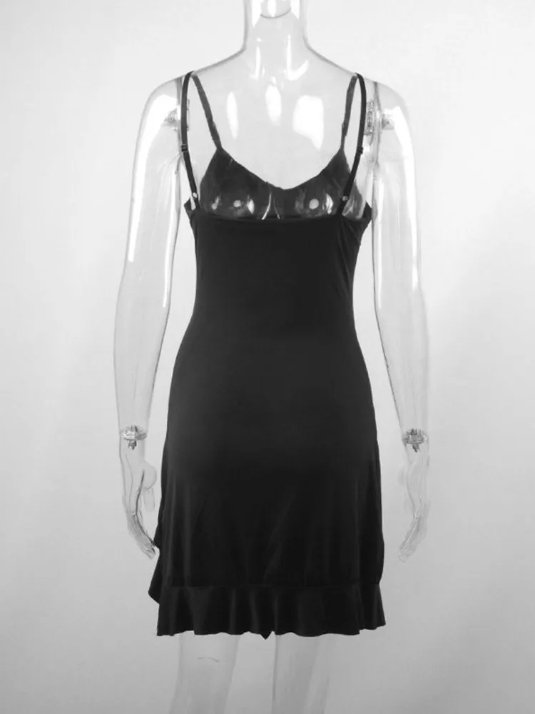 Mini vestido sem mangas sem costas para mulheres, vestido A-Line, Split Dobras, pulseira elegante, streetwear preto, moda sexy, verão, novo
