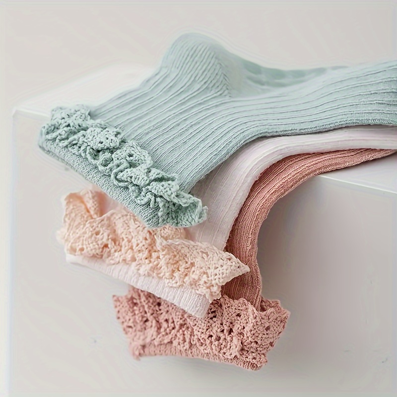 4 pares de meias fofas de princesa para bebês – antiderrapantes, com babados de renda e cores lisas para bebês de 0 a 3 anos