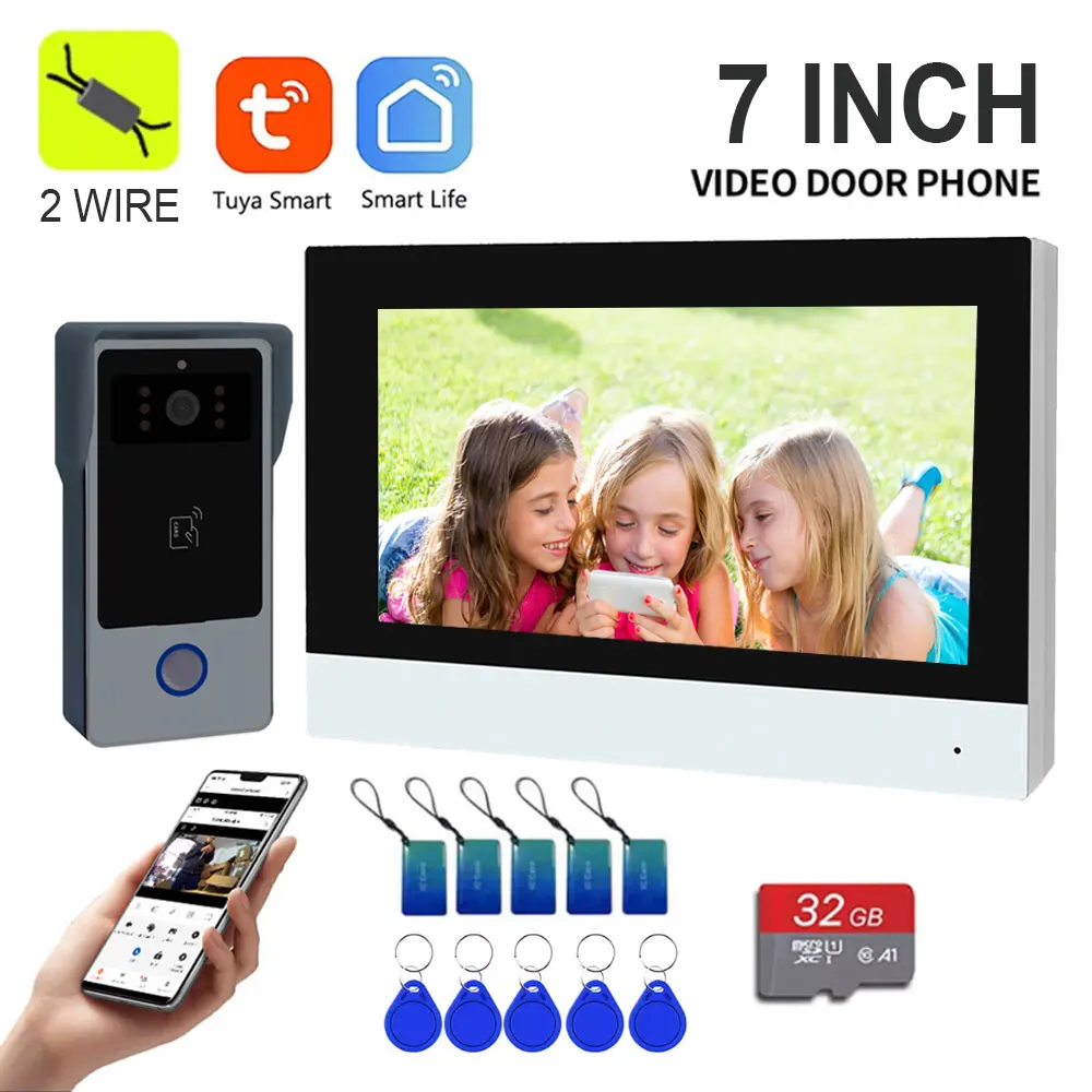 2 Draden Smart Home Tuya Wifi 1080P Video Intercom Video Deurtelefoon 7 ''Touch Monitor Video Deurbel deur Camera Beveiligingssysteem