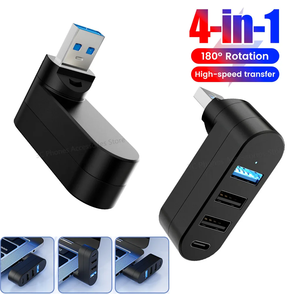 HUB USB giratorio USB3.0 2,0 tipo C HUB divisor USB 4 puertos expansor múltiple para ordenador portátil MacBook U transferencia de datos de disco