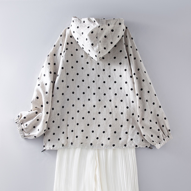 Loose Cotton Linen Dot Print Jaet with Hood And Zipper Spring Summer Women's ort Outerwear Comfortable Breathable