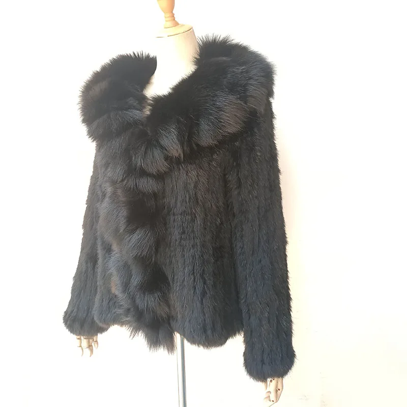 Frauen Winter Gestrickte Kurze Echt Kaninchen Pelzmantel Mit Fuchs Pelz Kragen Langarm Damen Echtes Pelz Jacke Outwear