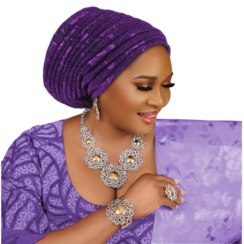 Senhora africana headpiece muçulmano lenço chapéu glitter tecido turbante boné para mulher plissado cabeça envolve gorro
