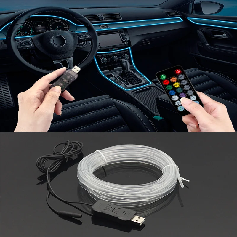 Fio ambiente do carro led usb flexível neon luzes interiores montagem rgb para decoração automotiva iluminação 3m aplicativo escondido