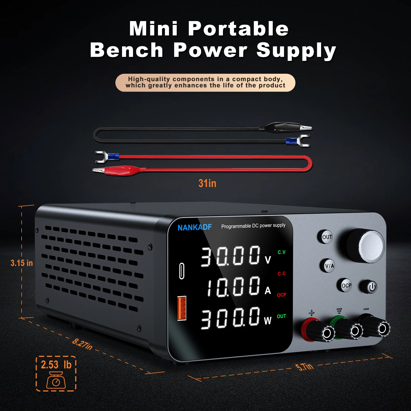 Fuente de alimentación CC ajustable de laboratorio de 30 V, 5 A, 10 A con pantalla LED de 4 dígitos; Carga rápida USB-A/Tipo-C 5 V/3.6 A con ajuste del codificador