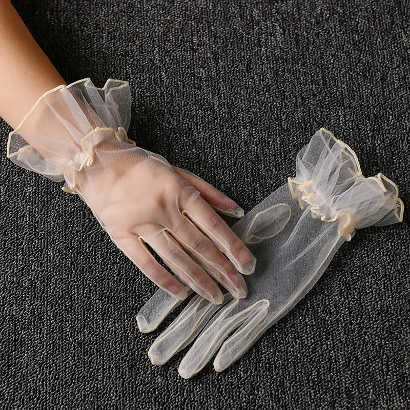 Gants courts en Tulle pour femmes, pour mariage d'été, blanc, noir, élégants, en dentelle extensible, mitaines à doigts complets, gants transparents en maille