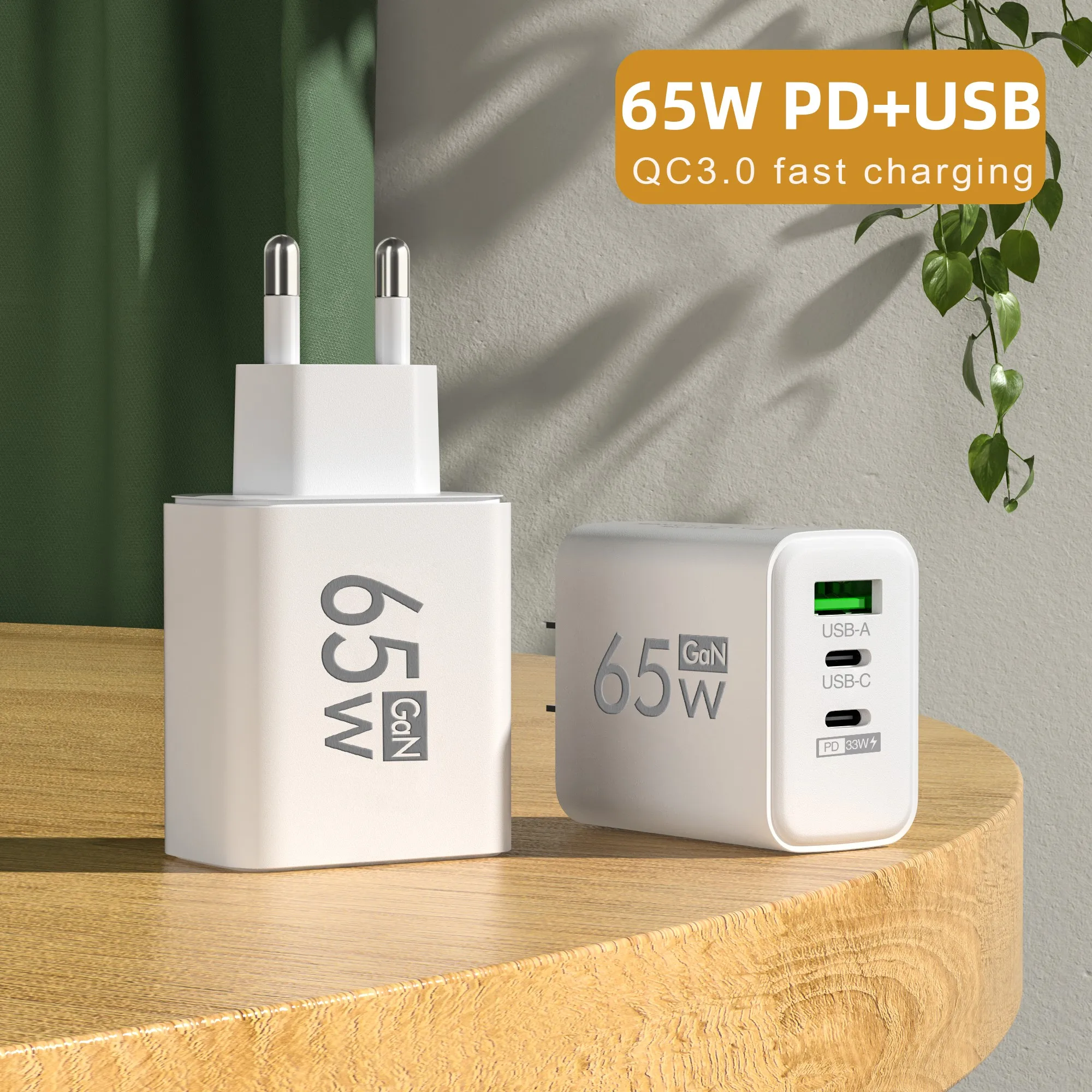 PD 65 Вт USB C Зарядное устройство GaN Зарядное устройство Quick Charge 3.0 Тип C Телефонный адаптер для iPhone 15 14 Samsung Xiaomi 3 порта Быстрое настенное зарядное устройство