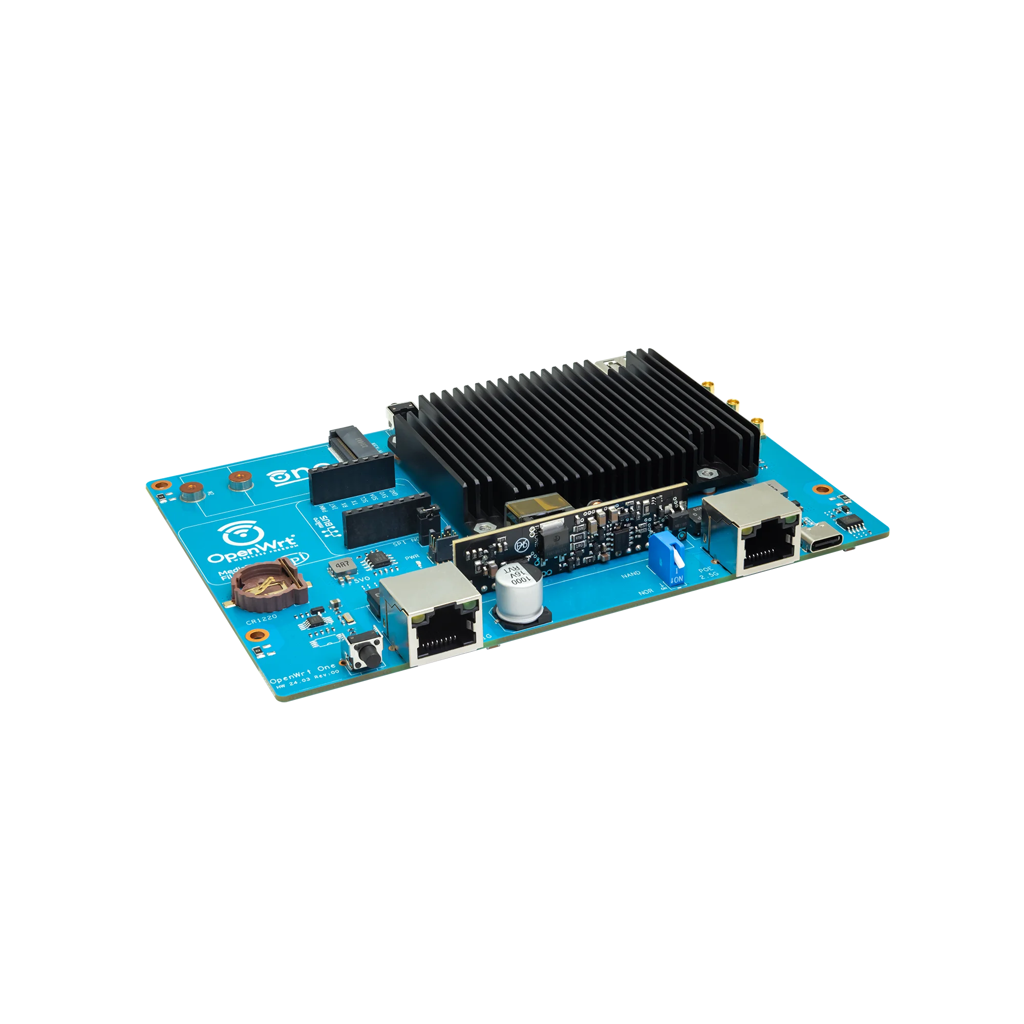 Banana Pi OpenWrt One MediaTek MT7981B 1GB DDR4 2.5GbE RJ45 e Gigabit Ethernet RJ45 256 MiB SPI NAND Roteador inteligente de código aberto