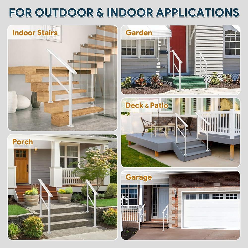 Metal Stair Railing Handrail Kit Outdoor Steps Adjustable Easy Install Durable Support Seniors 3-Step Safety Guardrail