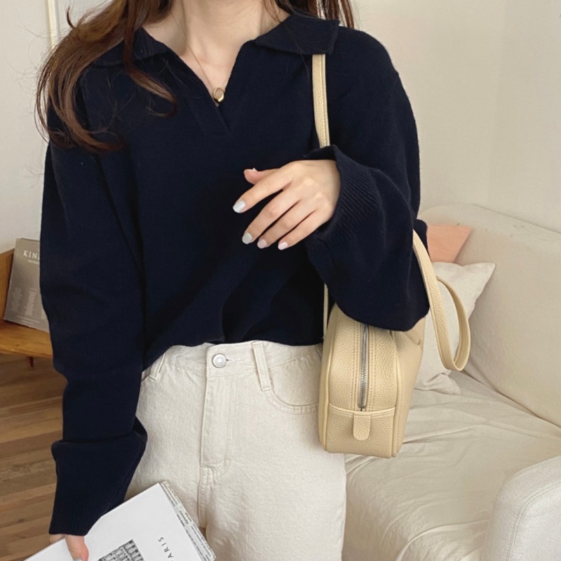 ルーズ女性のニット V ネックセーター春秋カジュアルスタイル長袖ポロシャツオーバーヘッドトップ暖かいサーマルレギュラーフィット