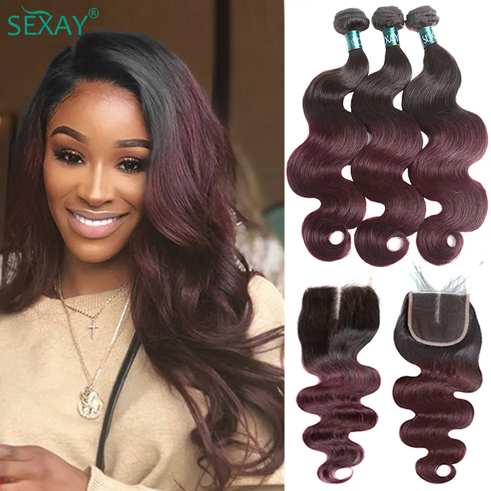 1b 99j onda do corpo pacotes com fechamento remy cabelo humano brasileiro ombre borgonha pacotes de cabelo com 4x4 fechamento do laço transparente