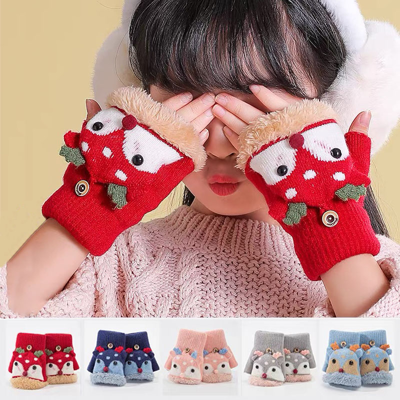 4-12 Con Găng Tay Mùa Đông Nữ Dệt Kim Ngón Lật Găng Tay Sang Trọng Dày Ấm Hoạt Hình Bé Trai Giáng Sinh Hươu trẻ Em Găng Tay Hở Ngón