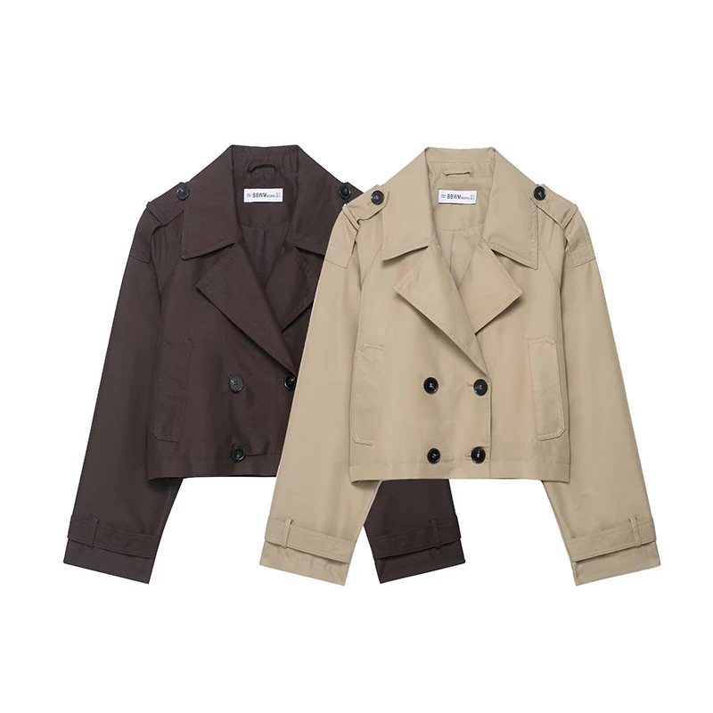 Moda feminina duplo breasted curto trench coat turn-down colarinho manga longa casacos vintage feminino outerwear chiques topos