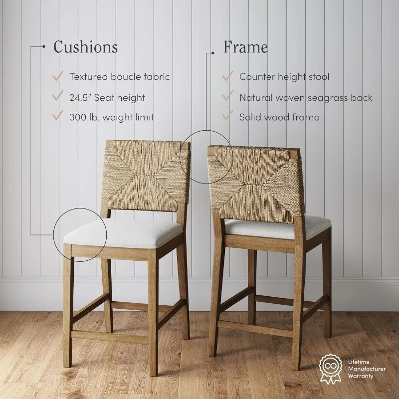 Nathan James Beacon Bohemian Boucle Bar Stool, Upholstered Counter Height Chair with Solid Wood Frame and Woven Seagrass Back fo