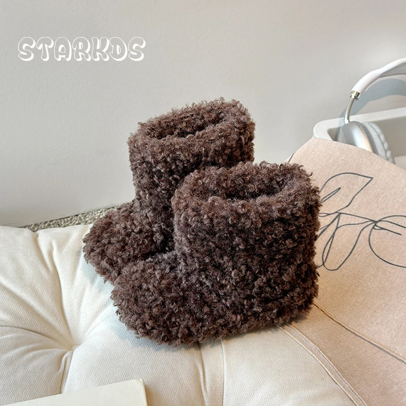 หรูหราหนาตุ๊กตาขนสัตว์รองเท้าเด็กผู้หญิง Fluffy WARM Plush Booties เด็กวัยหัดเดินเด็กฤดูหนาวการออกแบบแบรนด์รอบ Toe SLIP-ON รองเท้าผ้าฝ้าย