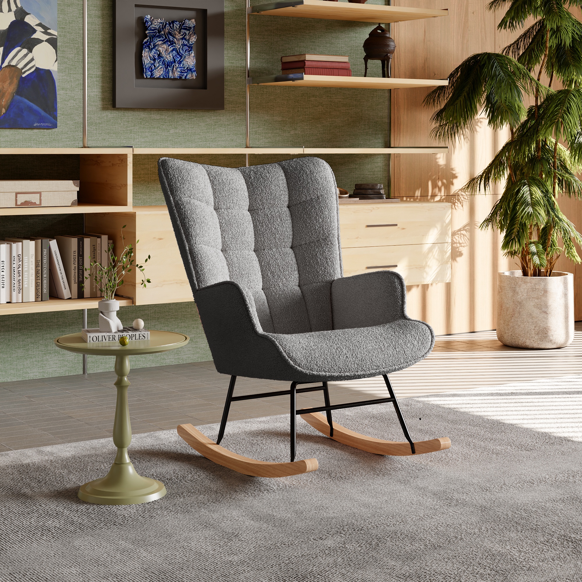 Anajqaqia Mecedora de ocio, mecedora con respaldo a cuadros y base de madera, tela de terciopelo de peluche