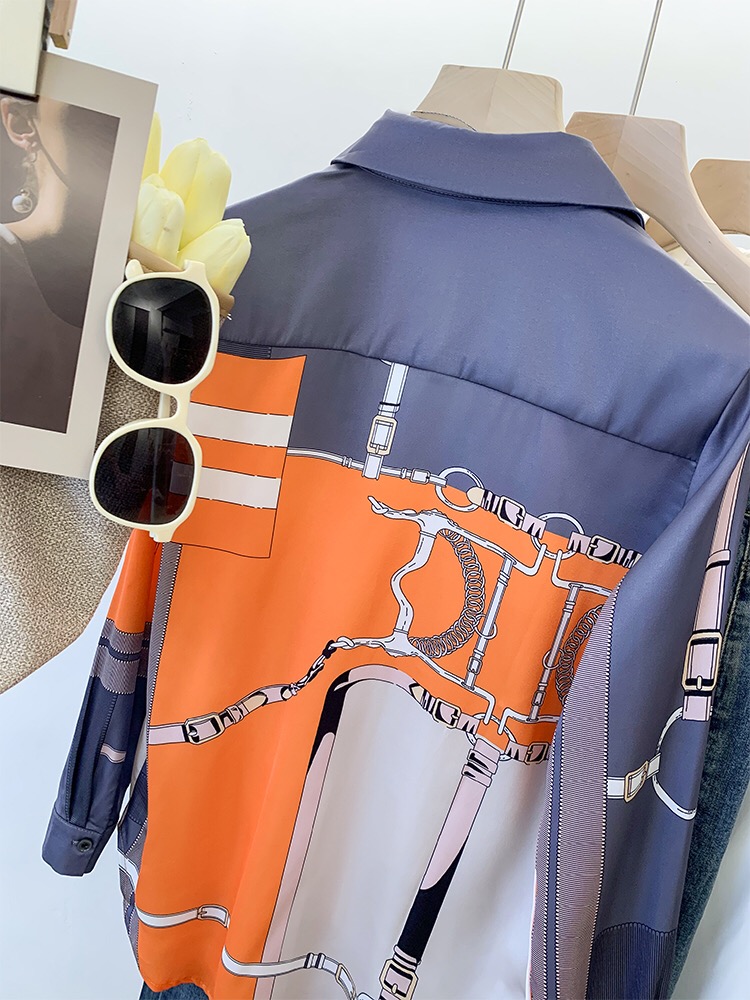 女性用シルク長袖シャツ,婦人服,模造シルク,オレンジとグレー,エレガントなファッション,高級ブランドデザイン,夏,2022