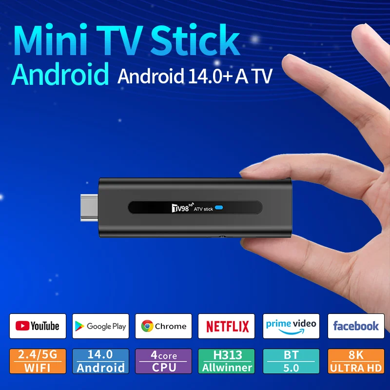 TV98 ATV 8K Smart TV Stick Android 14 ATV Dual WiFi 2.4G 5G BT 5.0 Allwinner H313 Vedio Decoding HDR10+ Set Top Box Media Player