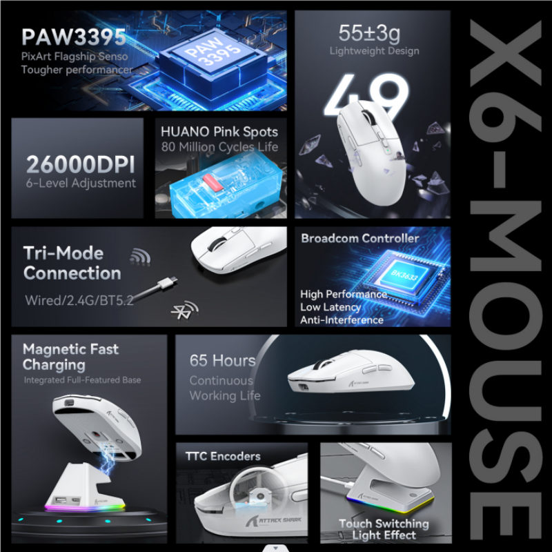 Ratón de juegos Bluetooth X6, PAW3395, conexión trimodo, Base de carga magnética táctil RGB, ratón Macro