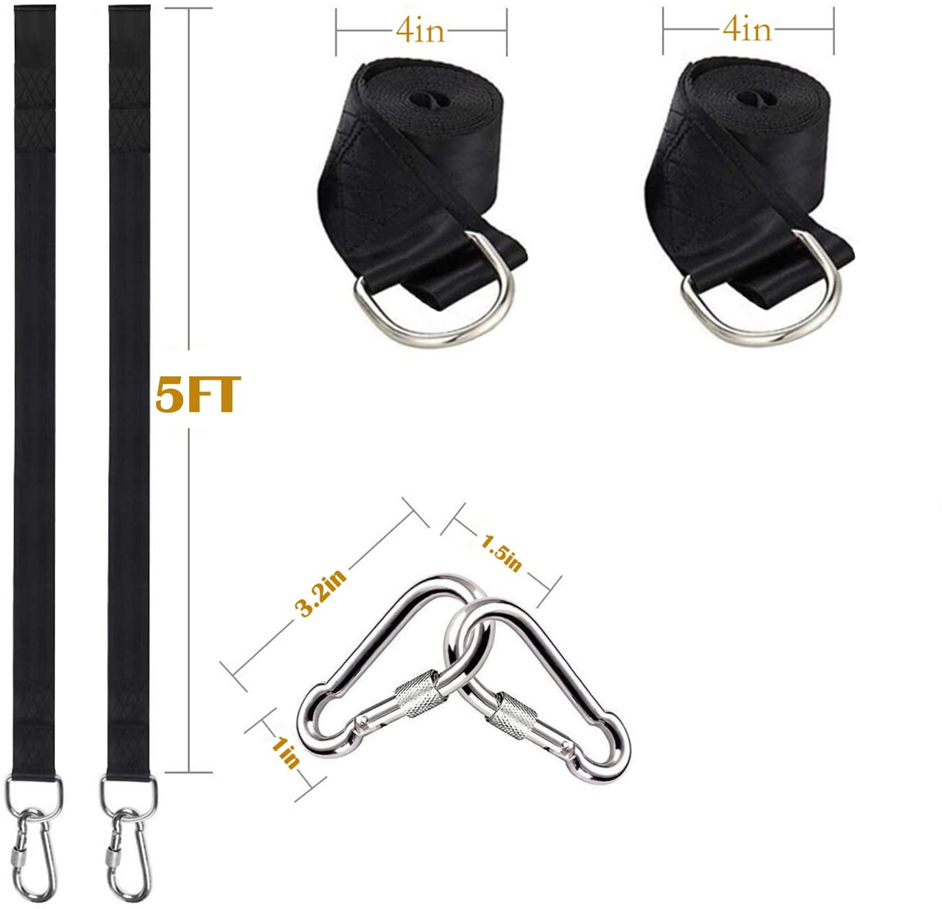 Um par de balanço de árvore, kit de suspensão, tiras de rede, acampamento, 350 kg, capacidade de carga, corda, mosquetão, caminhadas ao ar livre, cinto de suspensão de rede