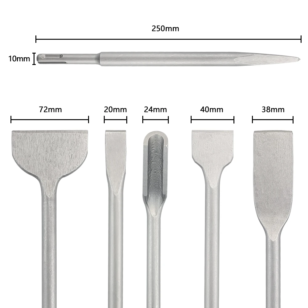 250mm Chisel Set SDS Plus Shank Electric Hammer Drill Bit Point Groove Flat Chisel Masonry Tools for Concrete Brick Wall Rock